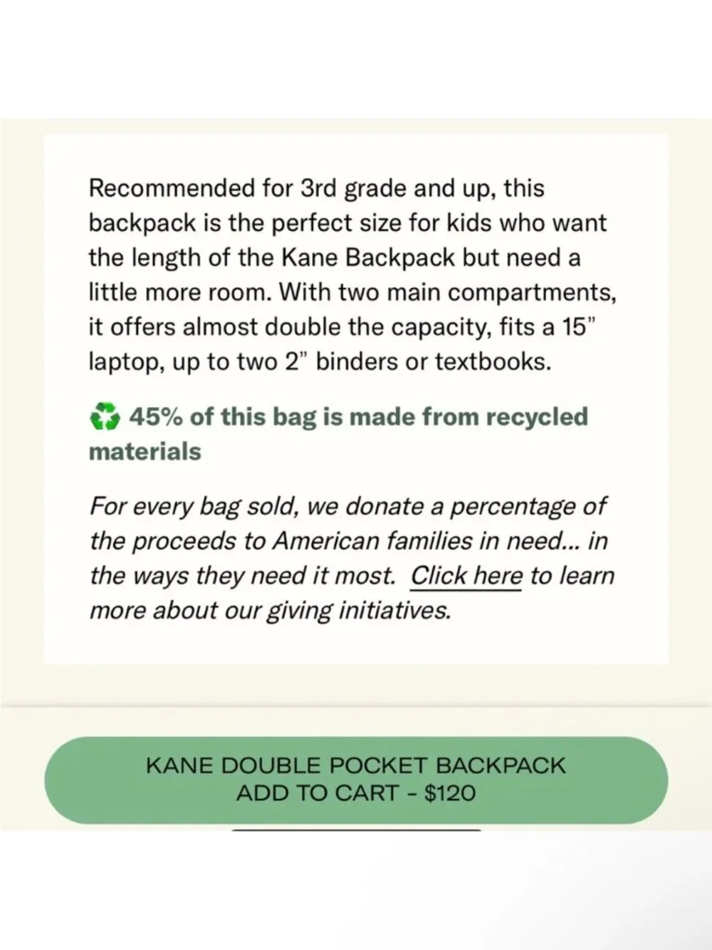STATE Ripstop Kane Kids Double Pocket LARGE Backpack Olive Green Diagonal Zipper